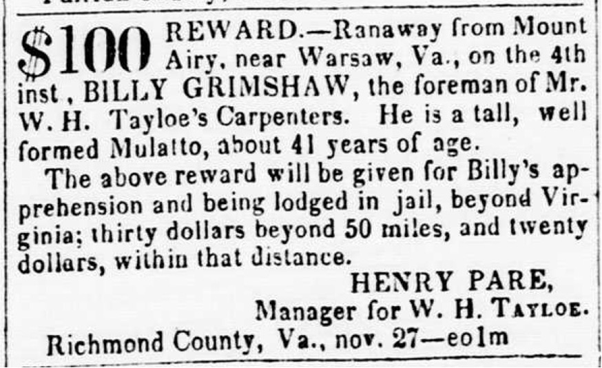 image of runaway ad for Billy Grimshaw (November 1845)