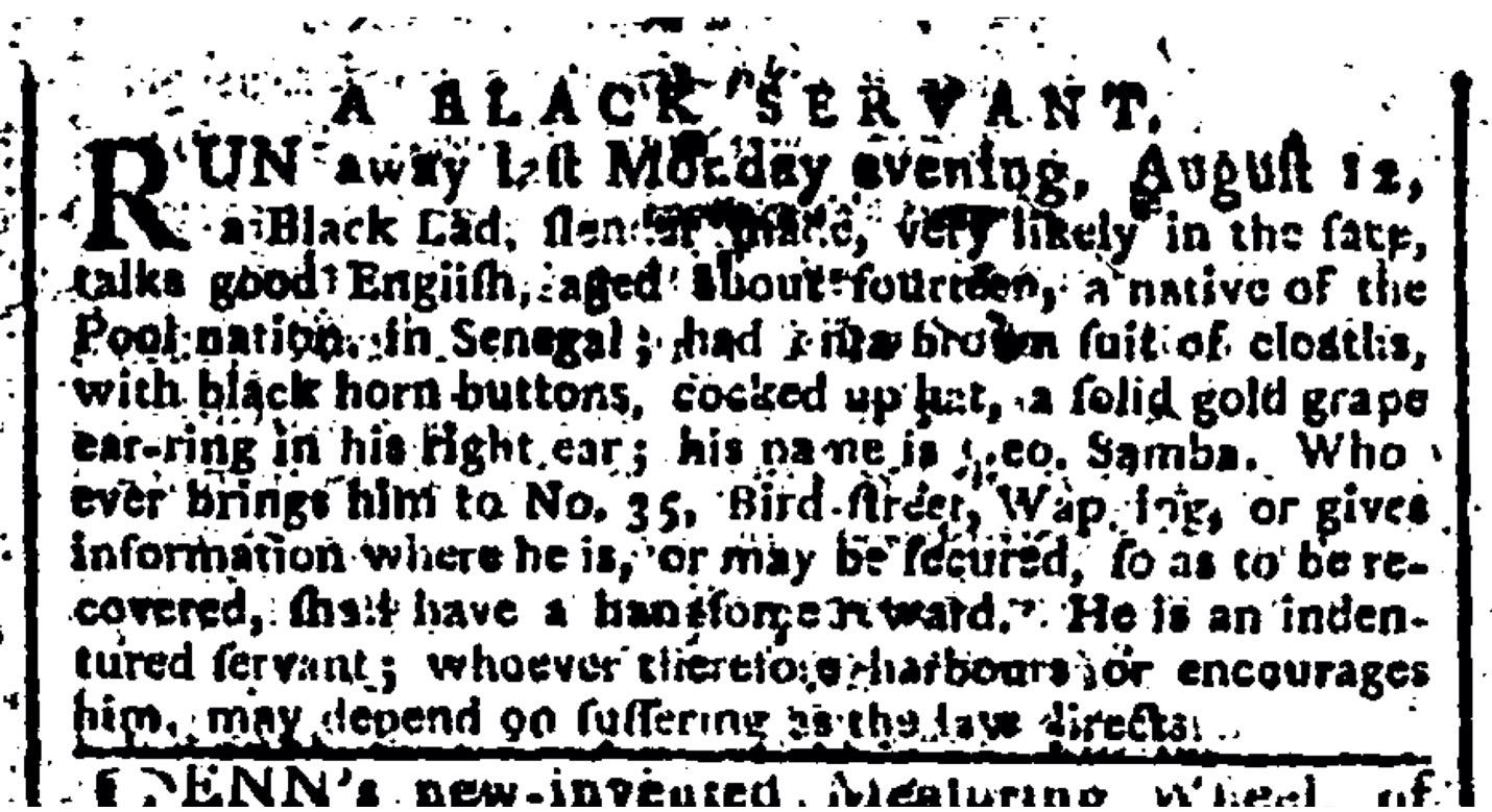 image of runaway ad for George Samba (August 1776)