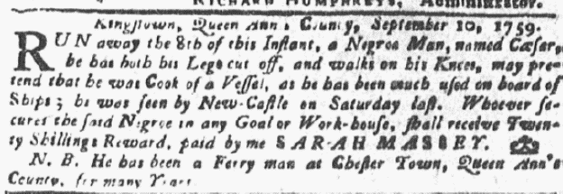 image of runaway ad for Caesar (October 1759)