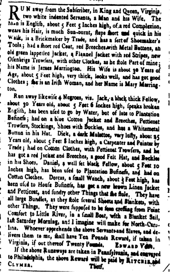 image of runaway ad for Daniel, Dick, Dorcas, Jack, James, and Mary