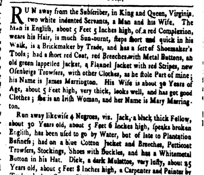 image of runaway ad for Daniel, Dick, Dorcas, Jack, James, and Mary (November 1764)