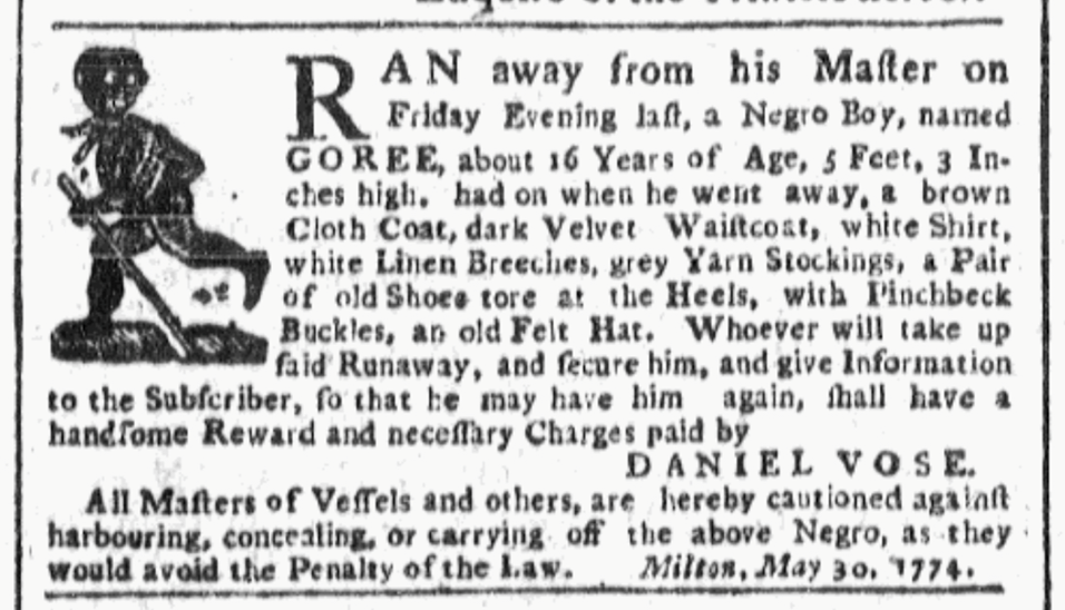 image of runaway ad for Goree (May 1774)