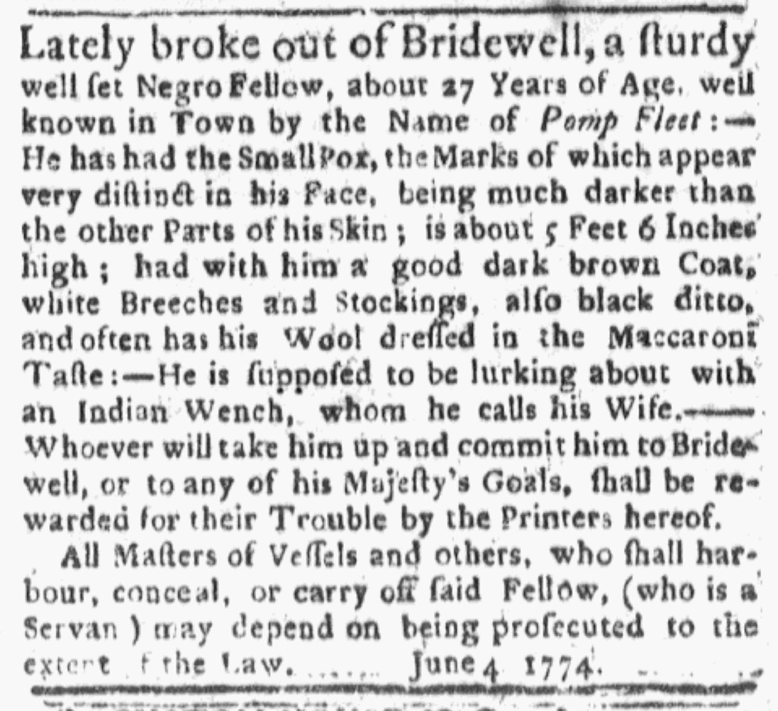 image of runaway ad for Pompey Fleet (June 1774)