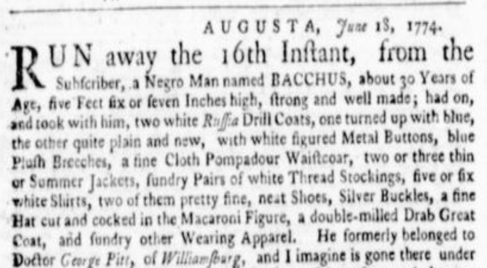 image of runaway ad for Bacchus (June 1774)