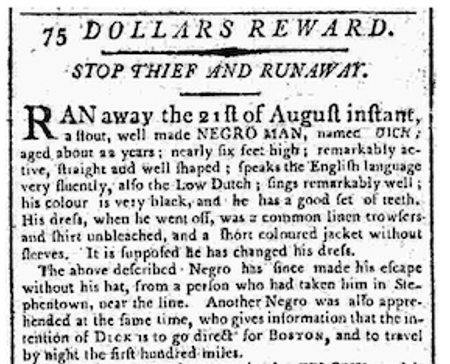 image of runaway ad for Dick (August 1796)