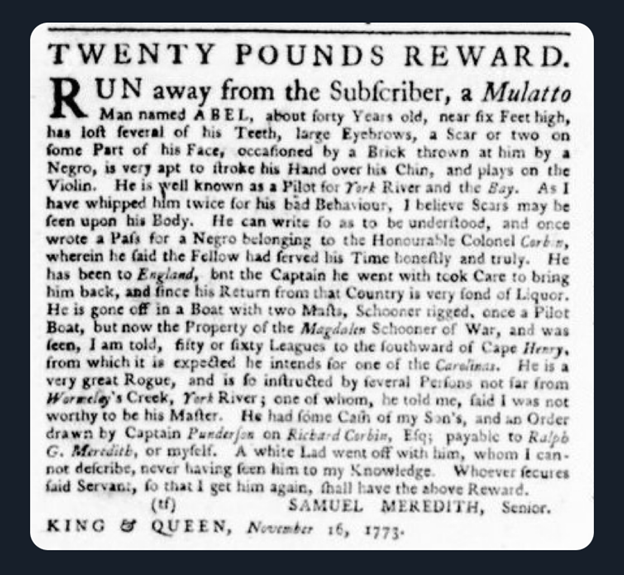 image of runaway ad for Abel (December 1773)